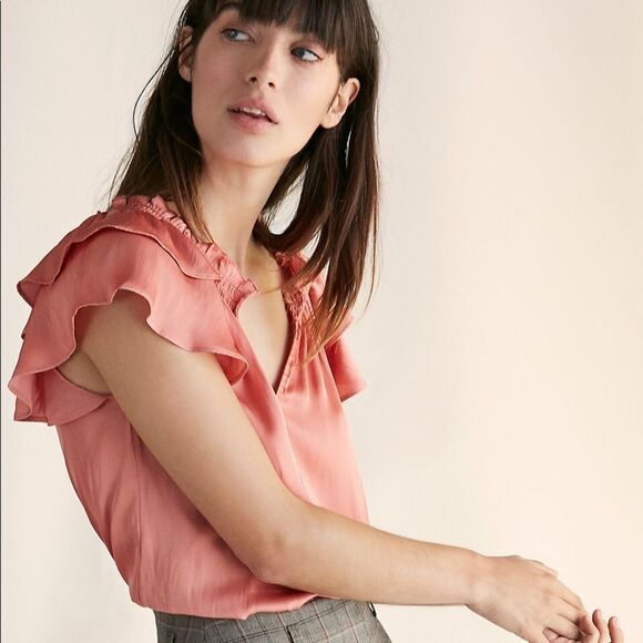 ✨4xHP✨Petite Smocked Satin Ruffle Blouse✨ - Picture 2 of 3